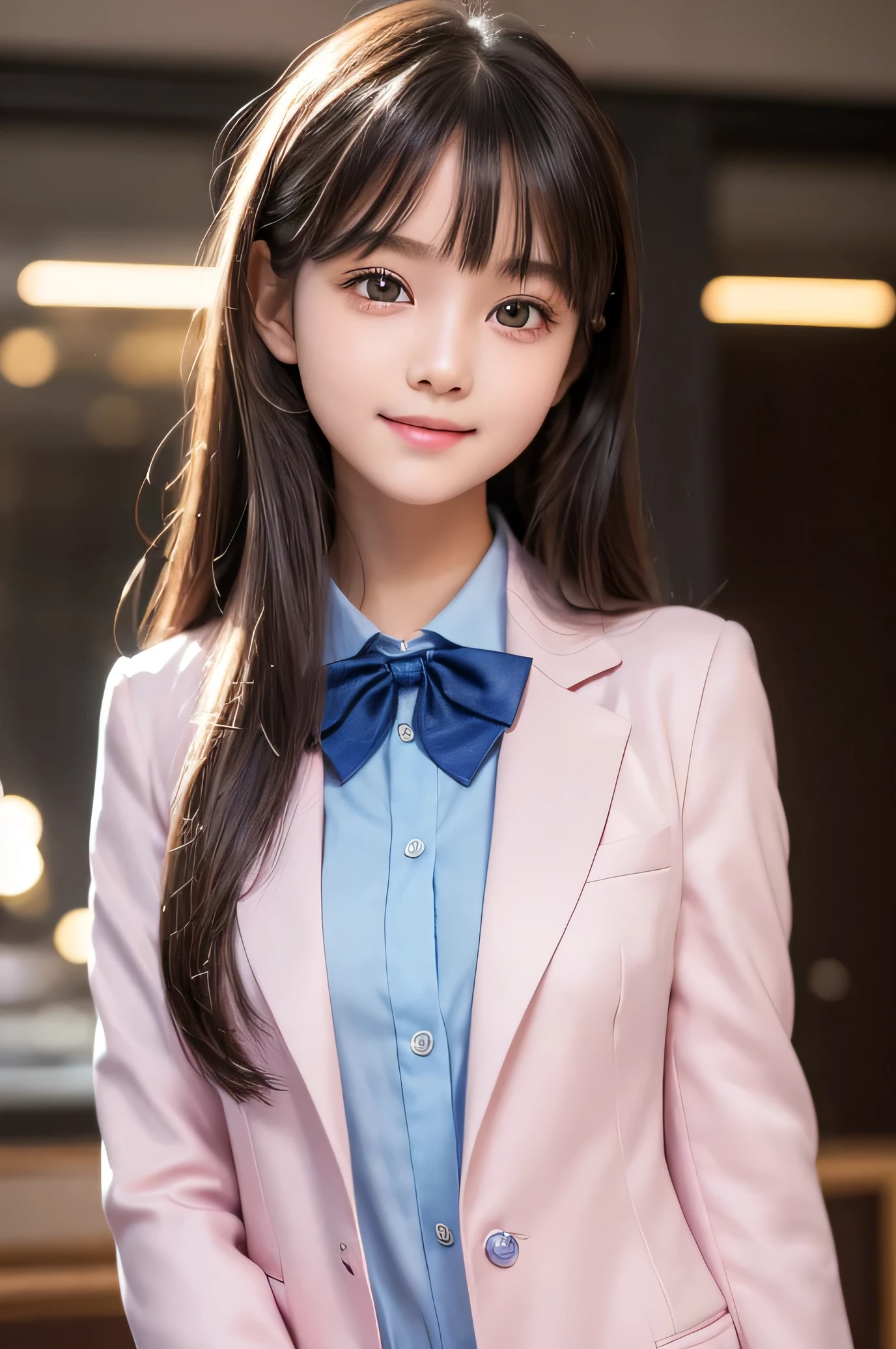 (Very beautiful  cute girl), (very  cute face:1.2),14 yo, (baby face),(sparking crystal clear attractive large eyes), Beautiful detailed eyes, Detailed double eyelids, (smiling), (realistic photograph:1.1), long straight hair,super shiny metallic dark blue blazer high-school uniform,pink neck bow tie