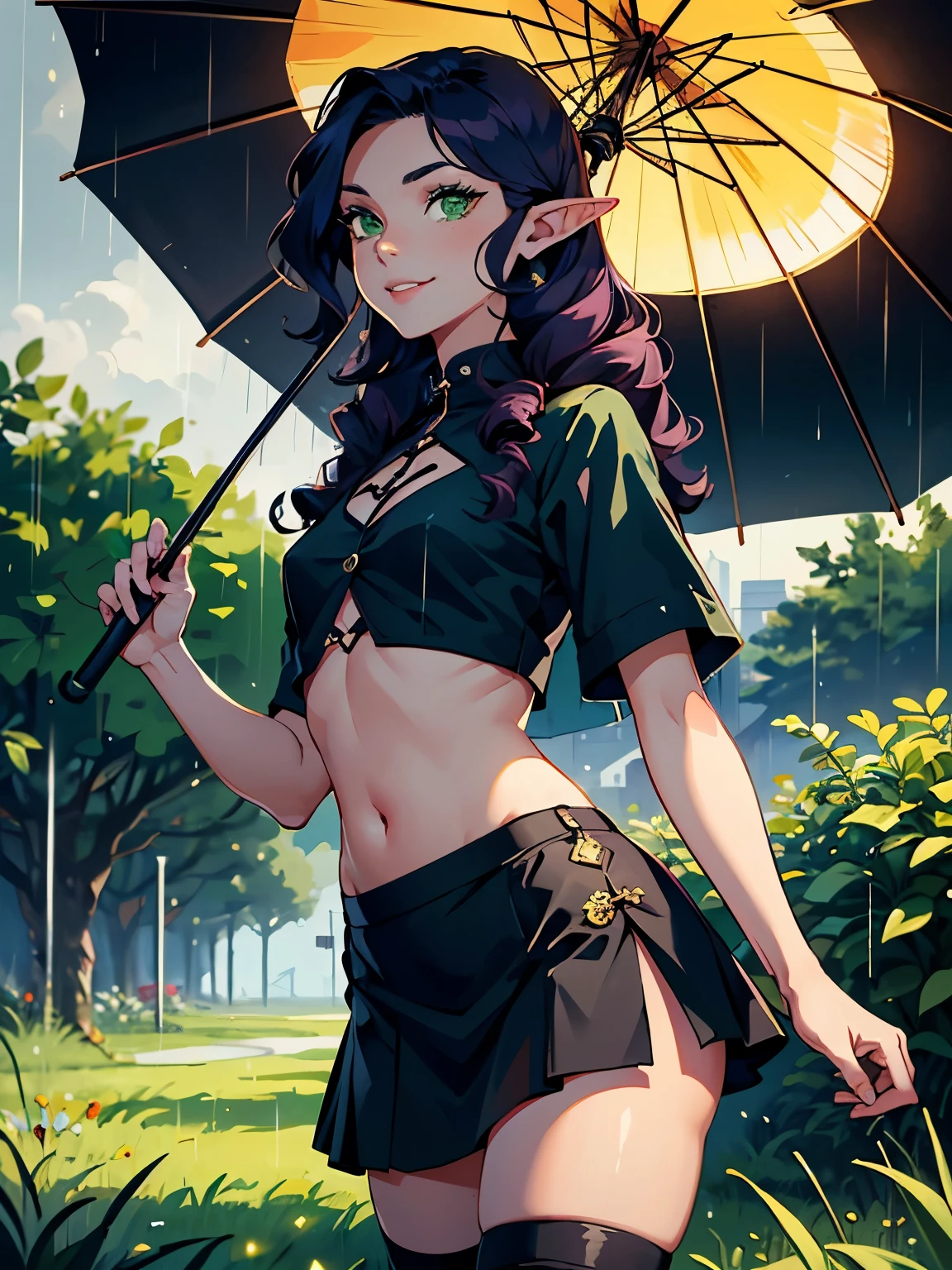 masterpiece, high quality, (1_woman), (upper body), (exotic skin_complexion), mature, smiling, grinning, beautiful, exotic, with long elf ears, wearing short sleeved black shirt, flat-belly, navel, black pleaded skirt, (bulge), holding yellow umbrella, (bright purple hair), long hair, ((wavy hair)), realistic and detailed face having diamond shaped eyes, (((green eyes)), dark_eyeliner, long_eyelashes), natural dynamic lighting casts detailed shadows, black thigh highs, knee high dark brown boots, ((rainy day)), outside, grassy field, wet,