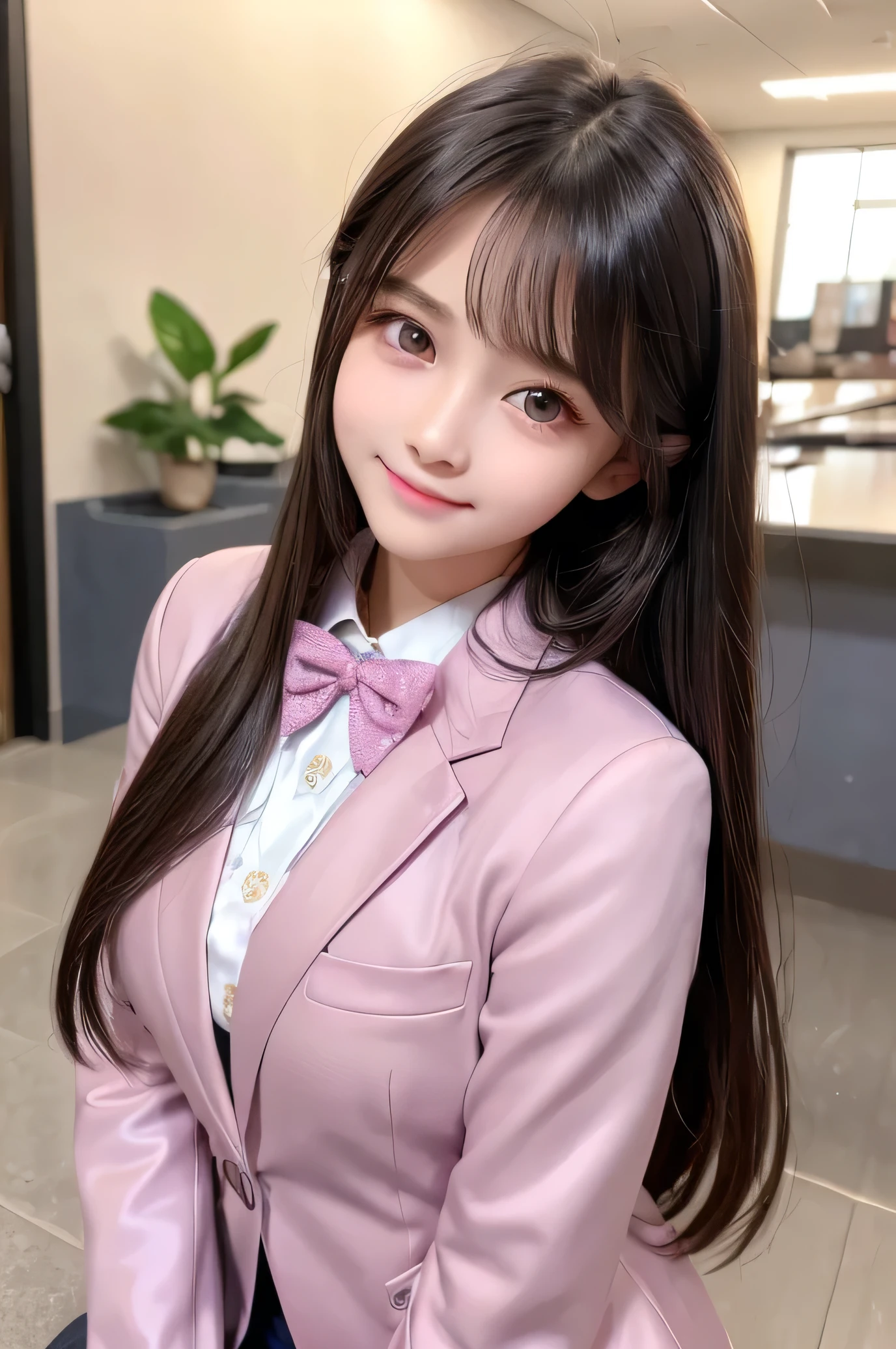 (Very beautiful cute girl), (very cute face:1.2),, (baby arking crystal clear attractive large eyes), Beautiful detailed eyes, Detailed double eyelids, (smiling), (realistic photograph:1.1), long straight hair,super shiny metallic dark blue blazer high-school uniform,pink neck bow tie