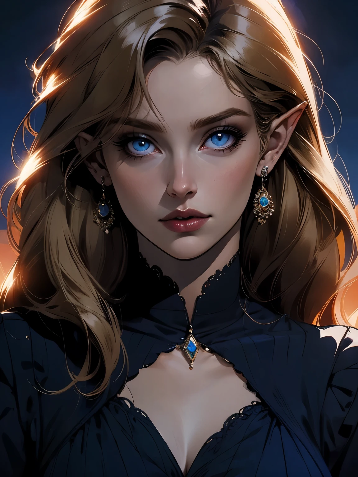  beautiful blond elven woman in her 30s, with blue eyes and striking features, exuding maturity and allure in a seductive pose.(dark-blue background), pointy ears, glowing eyes, beauty, blond medium hair, an14