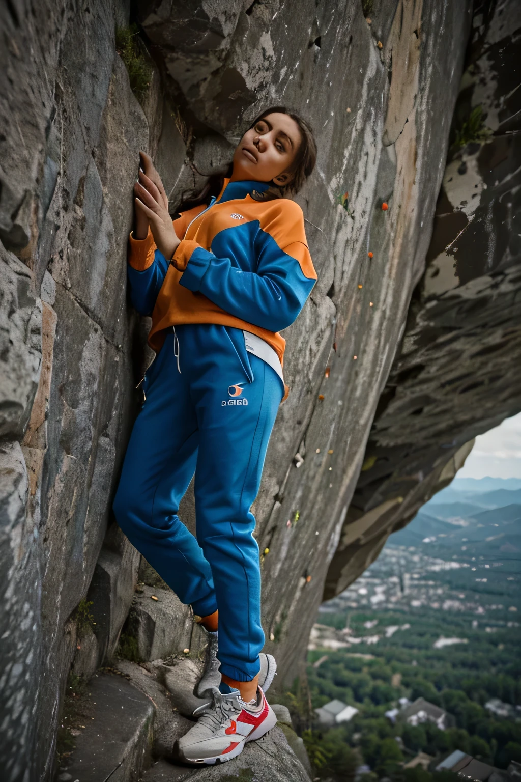 Young woman, climbin on a super tall mountain, hanging on the edge of a clive, free_solo, track suit, clive, climber, dangerous, dangerous, top view, 