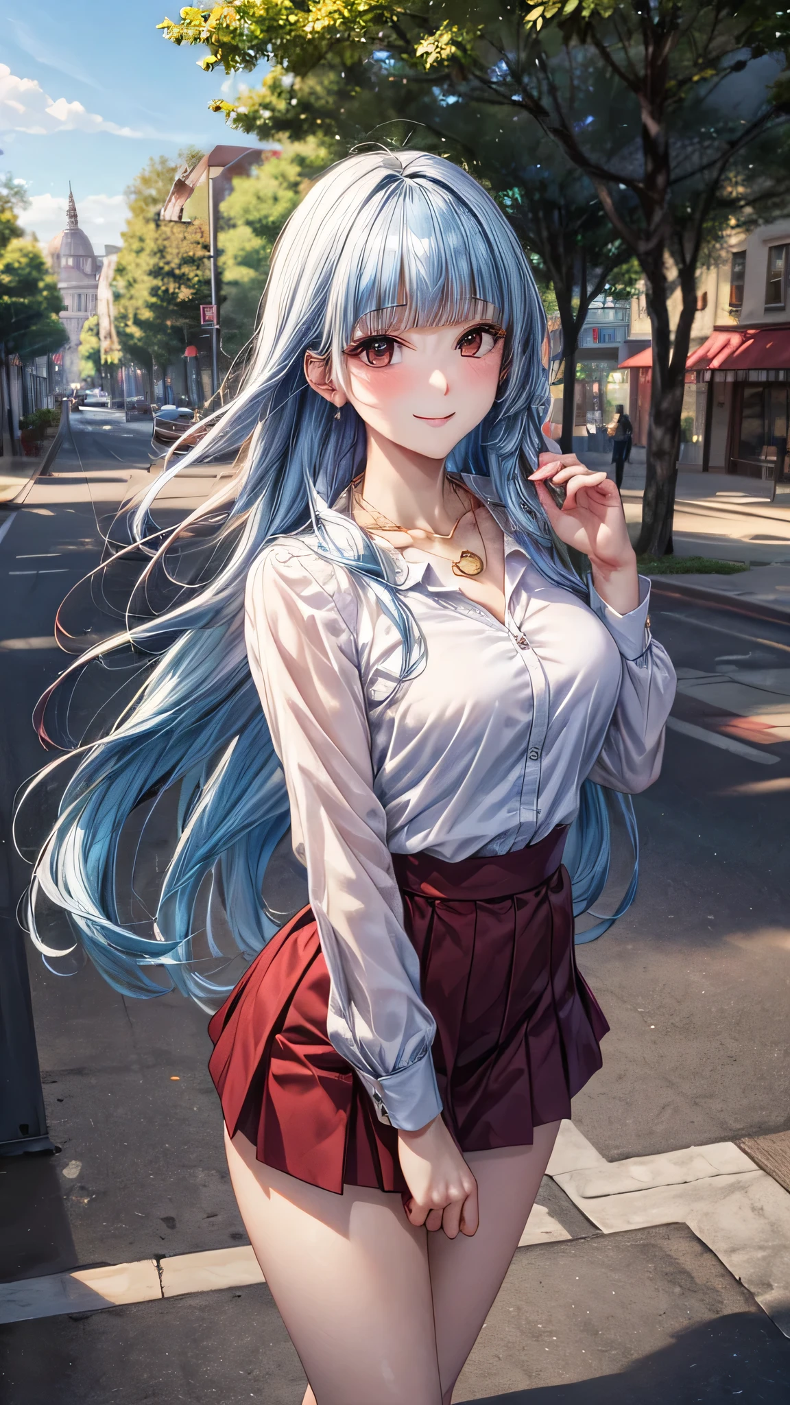 ((Highest quality, High resolution, masterpiece, detailed)),
Cowboy Shot, Written boundary depth, View your audience, Anatomically correct, 1people, woman, Perfect Face, Cute and symmetrical face, Shiny skin,
(Long Hair, Sky Blue Hair, Blunt bangs), Chestnut brown eyes, (Large Breasts:0.8),
Beautiful details, Beautiful Hair, Beautiful Face, Beautiful clavicle, Beautiful body, Beautiful breasts, Beautiful thighs, Beautiful feet,
(White collared shirt, Wine red short skirt, Golden Necklace),
(Beautiful views), walk, Tree-lined street, (Cute Smile),