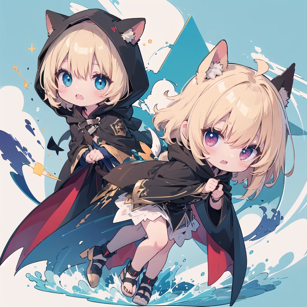 Chibi-chan wearing a black hooded cloak、The cape reaches down to the ankles、
