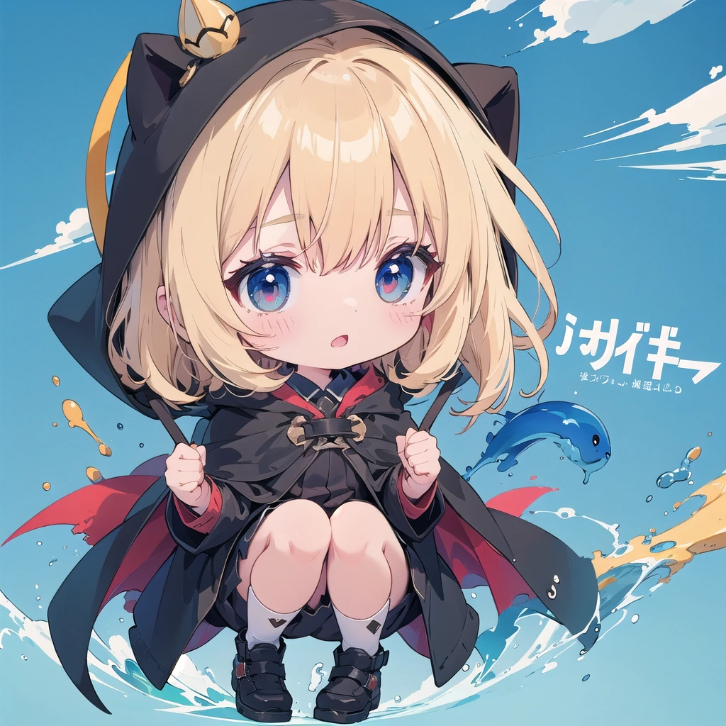 Chibi-chan wearing a black hooded cloak、The cape reaches down to the ankles、