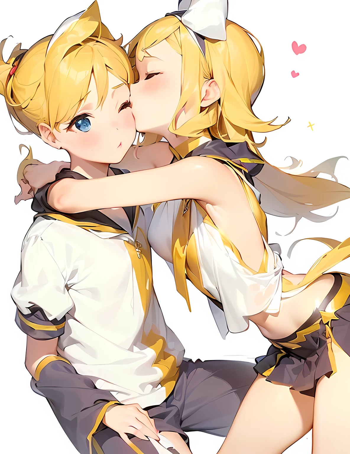 2girls, kissing cheek, side cutout, sideless outfit, puckered lips, lips, closed mouth, closed eyes, masterpiece, best quality, absurdres, girl kissing girl on cheek, dynamic lighting, lighting effect