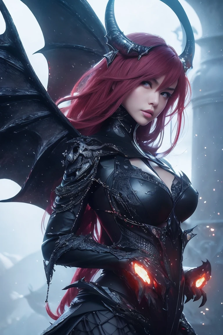 Close up of a woman in a black dress with a dragon, a red haired succubus, detailed fantasy art, Ruan Jia and Artgerm, by Yang J, fantasy art style, epic fantasy art style, fantasy art Behance, Artgerm and Ruan Jia, amazing fantasy art, highly detailed fantasy art, with succubus wings