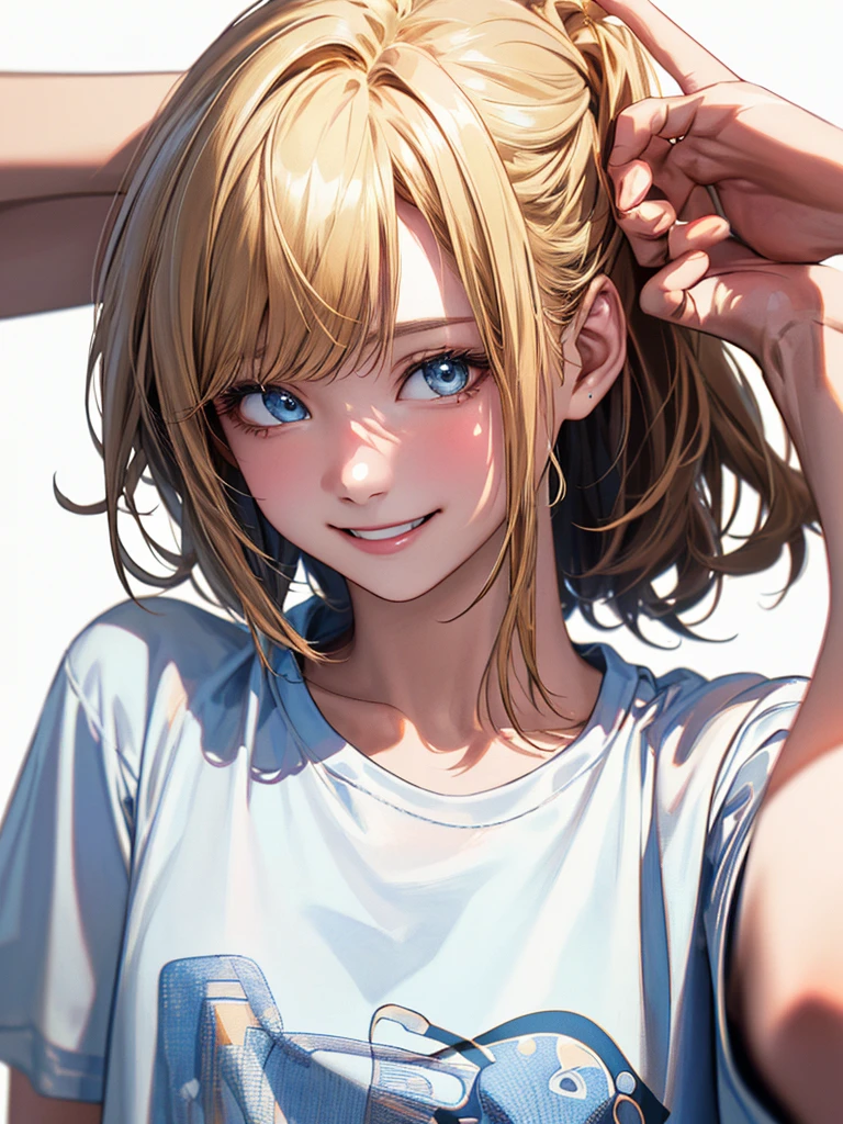 (Highest quality、8k、32K、masterpiece)、(RAW Photos)、(Realisticな)、(High resolution)、Very detailedな、Very beautiful face and eyes、One Girl、Round and small face、Delicate body、(Highest quality、Rich skin detail、Highest quality、8k)、Very detailed、(Realistic、Realistic:1.37)、Vibrant colors、(((Laughter)))、(((blonde)))、(((Put your bangs up)))、(((smile)))、(((Cowboy Shot)))、(((Frame In)))、(((White Background)))、((Medium Hair))、(((Pure white wall background)))、(((blonde)))、(((Wearing a T-shirt with a pop design)))、(((Brown and light blue T-shirt)))、(((Pure white wall background)))、