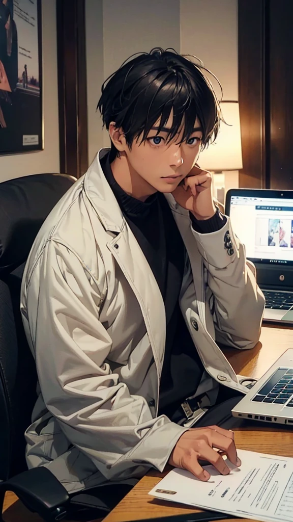 Create a realistic, photorealistic portrait of a Japanese professional in their late 20s. The person should be sitting at a desk with a laptop, looking focused and approachable. The background should subtly incorporate elements related to video editing and AI, such as digital graphics or film reels, without distracting from the main subject. The lighting should be natural and flattering.