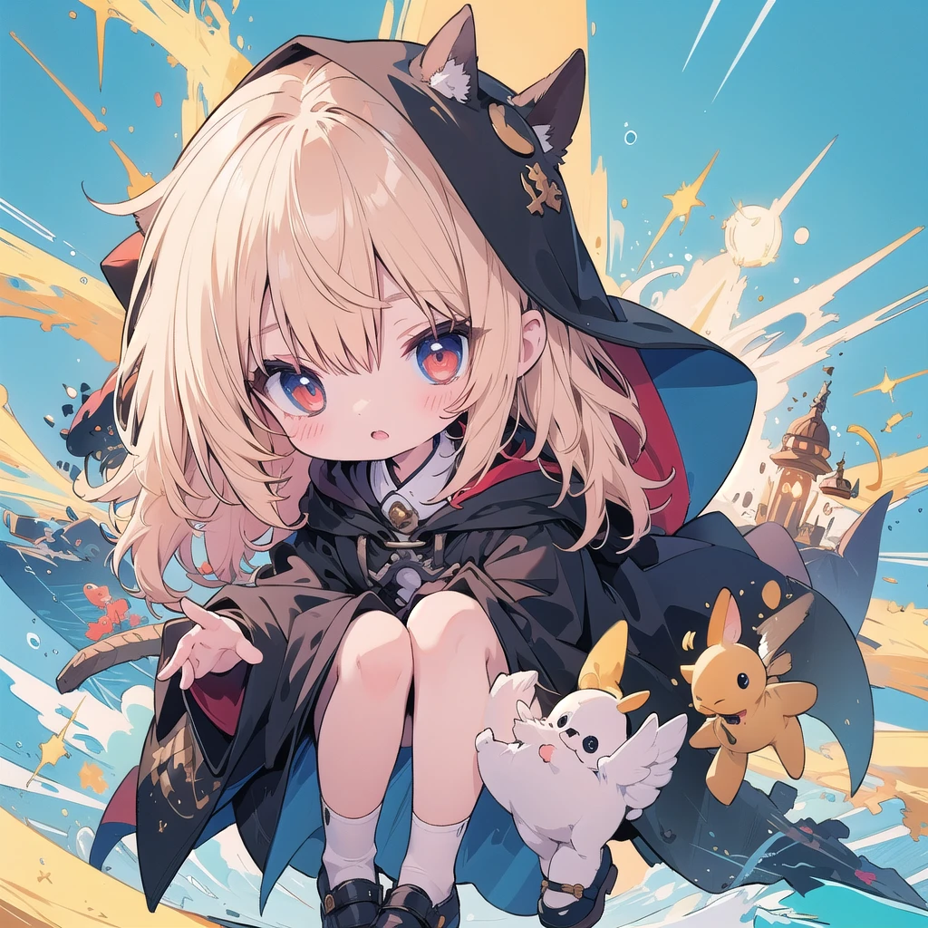 Chibi-chan wearing a black hooded cloak、The cape reaches down to the ankles、