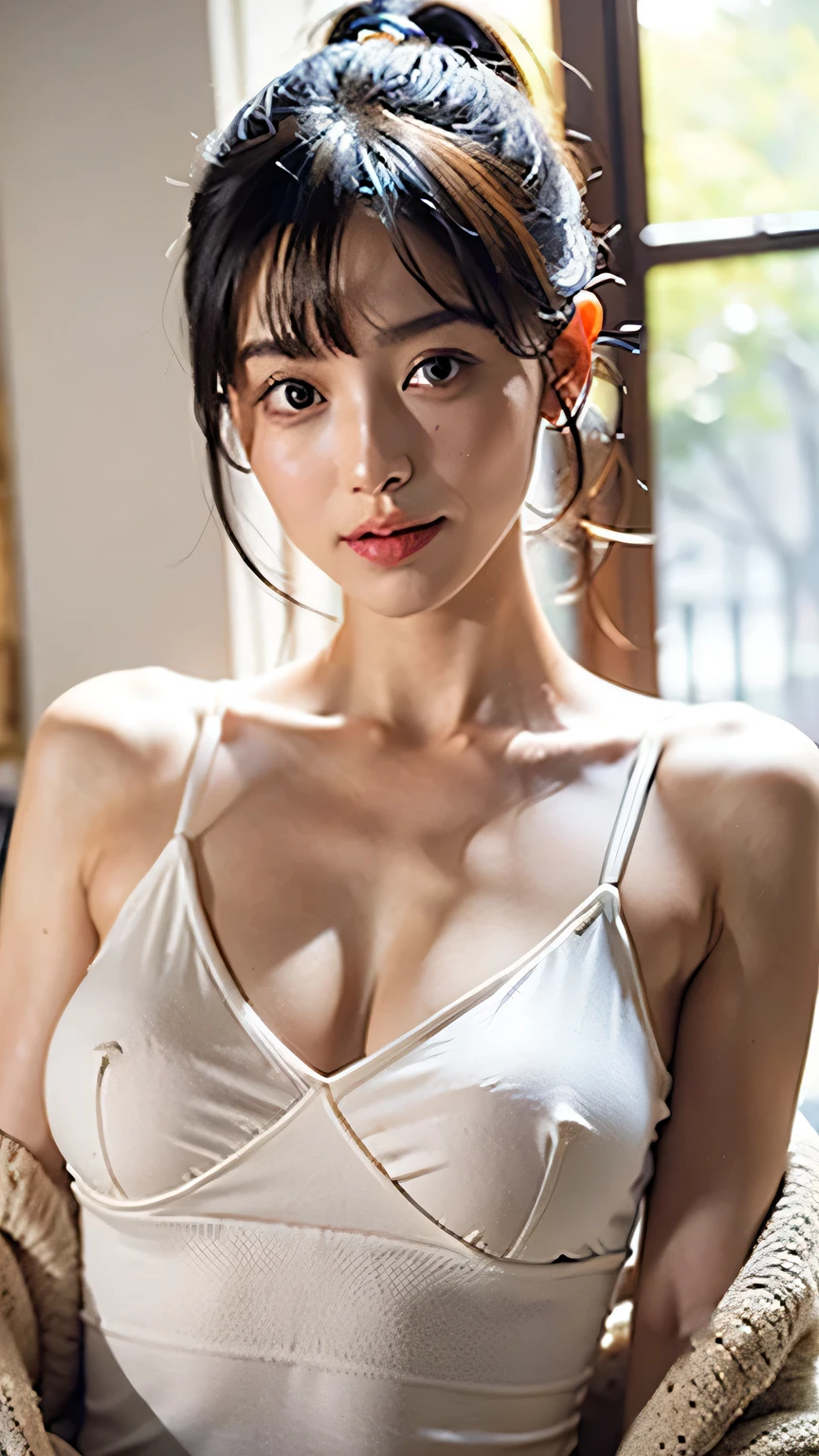 (Realistic),masterpiece,best quality,cinematic lighting,natural shadow,highest detail,looking at viewer,Oblique Angle,
edgJG fashion,1girl,photo of a cute girl,light smile,charming,20yo,Ponytail Hair.Blunt bangs,Muted Tones Urban Athleisure:,wearing edgJG_style clothing,Fringe,dynamic pose,big breasts,high sex appeal mood