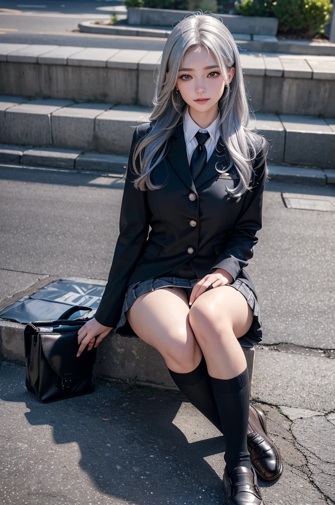 (8k, RAW photo, best quality, masterpiece:1.2), (realistic, photo-realistic:1.4), (extremely detailed 8k wallpaper), european 20 age woman,Ultra-detailed face, Detailed eyes, Double eyelid, school bag,blazer, summer , short skirt, black socks, loafers, full body,date,(random hairstyles, Huge breasts :1.2,Hair color is silver,Tears mole),random poses,random outfit,random clothes color,random smile,(date style),
