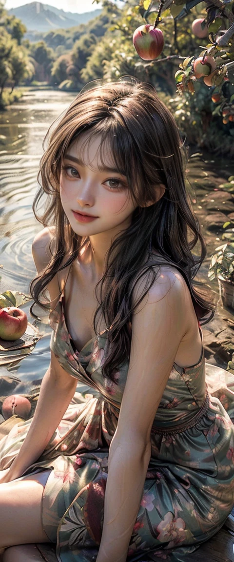 8k, masterpiece, RAW photo, best quality, photorealistic, extremely detailed CG unity 8k wallpaper, Depth of field, Cinematic Light, Lens Flare, Ray tracing, (extremely beautiful face, beautiful lips, beautiful eyes), intricate detail face, ((ultra detailed skin)) 1girl, in the dark, deep shadow, pretty Asian girl, idol, 1 girl, (very slim slender fit-muscled body:1.3), ((looking at viewer)),((big smile:1.3)), (best quality,ultra-detailed,realistic:1.37),portraits,beautiful young girl,youthful female model,riverbank and ((rocks)),Sweet girl clothes4, ((Silky Kukombo Floral Chiffon Dress)), ((flowers on ilky Kukombo Floral Chiffon Dress)), jewelry, Sitting in a waterfall and apple orchards, sitting posture, ((Sitting on apple Orchards)), drenched all over,masterpiece,extremely detailed description,super fine painting,detailed face,slim figure, sexy angles, ((Stylish angles)), medium legs,playing in the water,smiling,bright smile, ((River water floting on Middle of apple orchards)),((too many apples in orchards)), ((Apple trees in river)), ((many apple trees in river)), ((Full apple's in apple trees)), ((more and more apples in trees)), ((Many apple's floting in river water)), ((apple orchards)), Many Red apples in orchards)),
