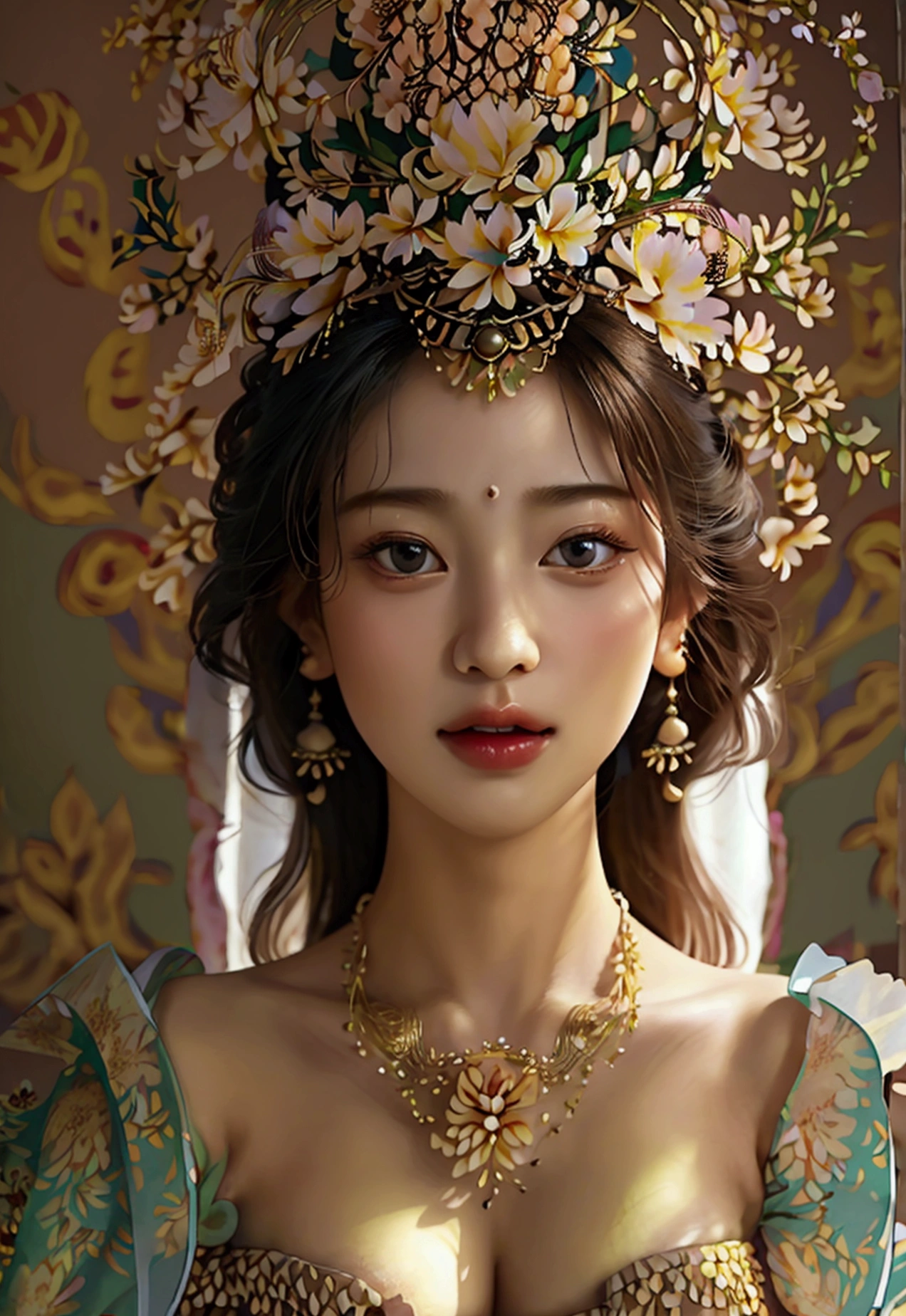 Highest quality, Masterpiece, high resolutionเป็นพิเศษ, (realistic: 1.4) 1 woman, beautiful_face, Fine skin, full body, decorate, alone, palace, queen, earring, (Tuesday: 1.3), Blurry, realistic, lips, สไตล์Dunhuang, (tangled: 1.2), (flower: 1.4), big breasts, The navel is exposed, , ahe-face, painful expression, enjoyable, big, armpit, M-shaped legs, open legs, camel toe, Barefoot, Barefoot, Barefoot, Highest quality, Masterpiece, Highly detailed, high resolution, 8ก, complicated details, realistic, realistic, Incredible light, Partially hidden 1 woman, Dunhuang_clothes, Dunhuang_set, clothes, (see through: 1.3), Through a thin curtain., Look at the chest., Create an attractive and suggestive effect.., Lets you see her skin and the shape of her breasts..