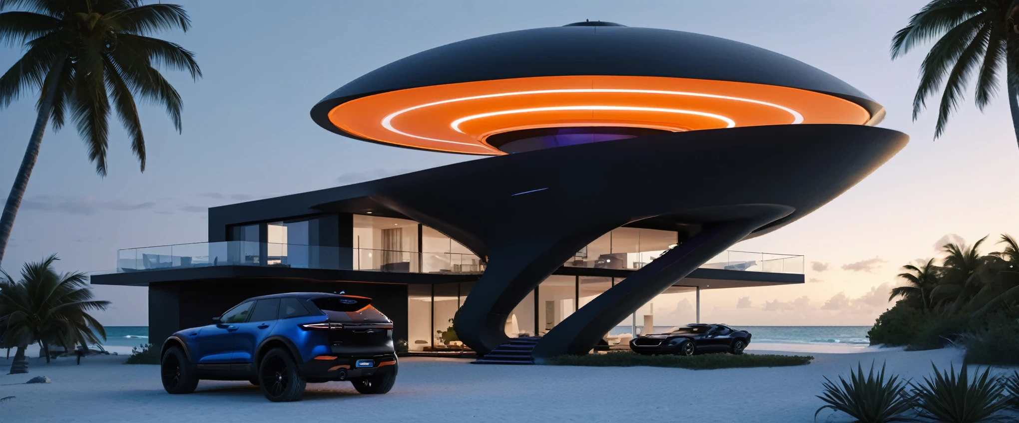 a futuristic multi-level house with rooftop satelite dish and antenna array, with a black Ford Model T parked in front of it, on the beach, cgsocietywlop, beautiful curves, intricate devilish designs, qualia, interesting shapes & form, wow factor, elaborate polished, architectural rendering, miami, bioluminescent, colorfull, glow fluid, blue and orange soft lighting in interior of house, futuristic battlefield, inspired by James E. Brewton, precise architectural rendering