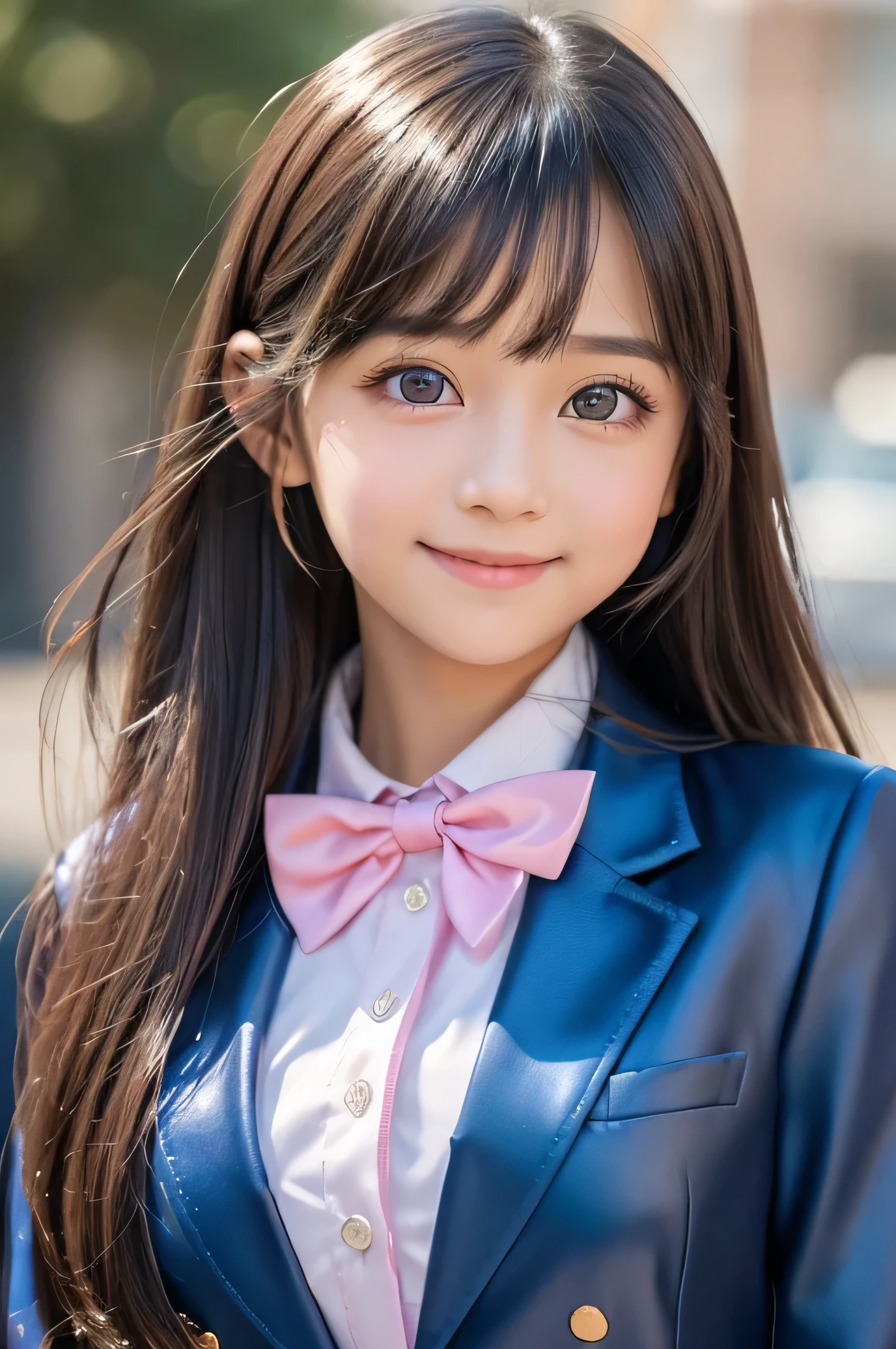 (Very beautiful cute girl), (very cute face:1.2),12 yo, (baby face),(sparking crystal clear attractive large eyes), Beautiful detailed eyes, Detailed double eyelids, (smiling), (realistic photograph:1.1), long straight hair,(super shiny metallic dark blue blazer high-school uniform:1.1),pink neck bow tie