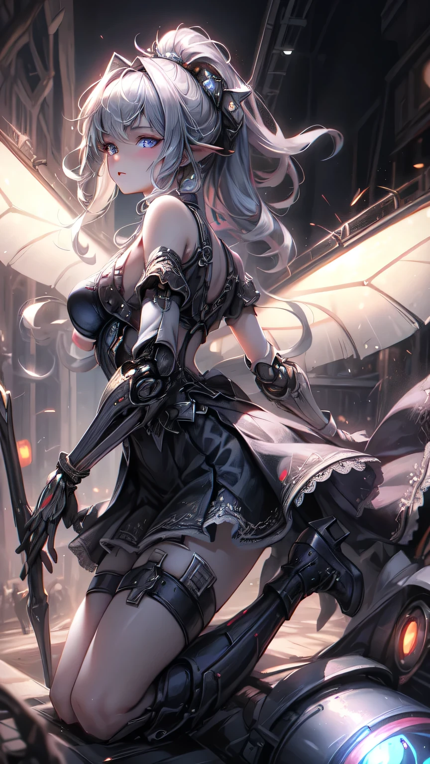((Highest quality)), ((Truly a masterpiece)), ((Ultra-detailed:1.4)), ((Ultra-Photorealistic 3D)), Android Magical Girl, Mechanical body, Dynamic action poses for battle scenes, Very complex and heavy fighter aircraft mechanical armament, Off-the-shoulder fashion that combines steampunk and gothic ta with attention to detail, Intricate steampunk headgear, Very thin、Over-the-knee reggae mechanical boots、Fluttering lace flare mini skirt、 Beautiful small breasts directed upwards、Swaying in the Wind、Long, curly silver hair,、Countless large, shining spheres fly around、Lots of sparks cross and fly、Countless neon lights pouring down from the magical pose、Complex and precise mechanical Night City、Very dark background、Very dramatic and cinematic lighting、Big wings on the back8Growing in Sheets。