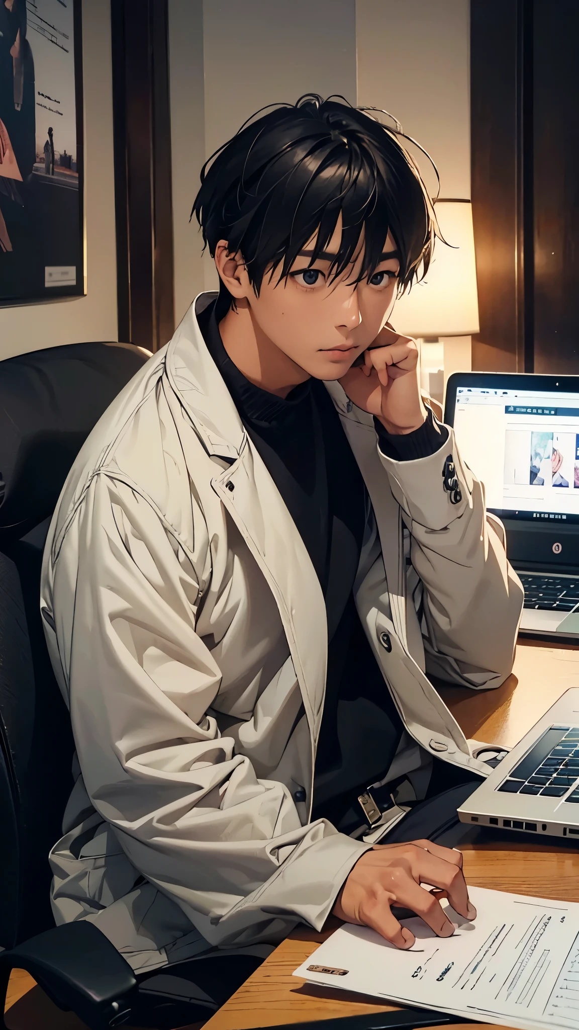 Create a realistic, photorealistic portrait of a Japanese professional in their late 20s. The person should be sitting at a desk with a laptop, looking focused and approachable. The background should subtly incorporate elements related to video editing and AI, such as digital graphics or film reels, without distracting from the main subject. The lighting should be natural and flattering.