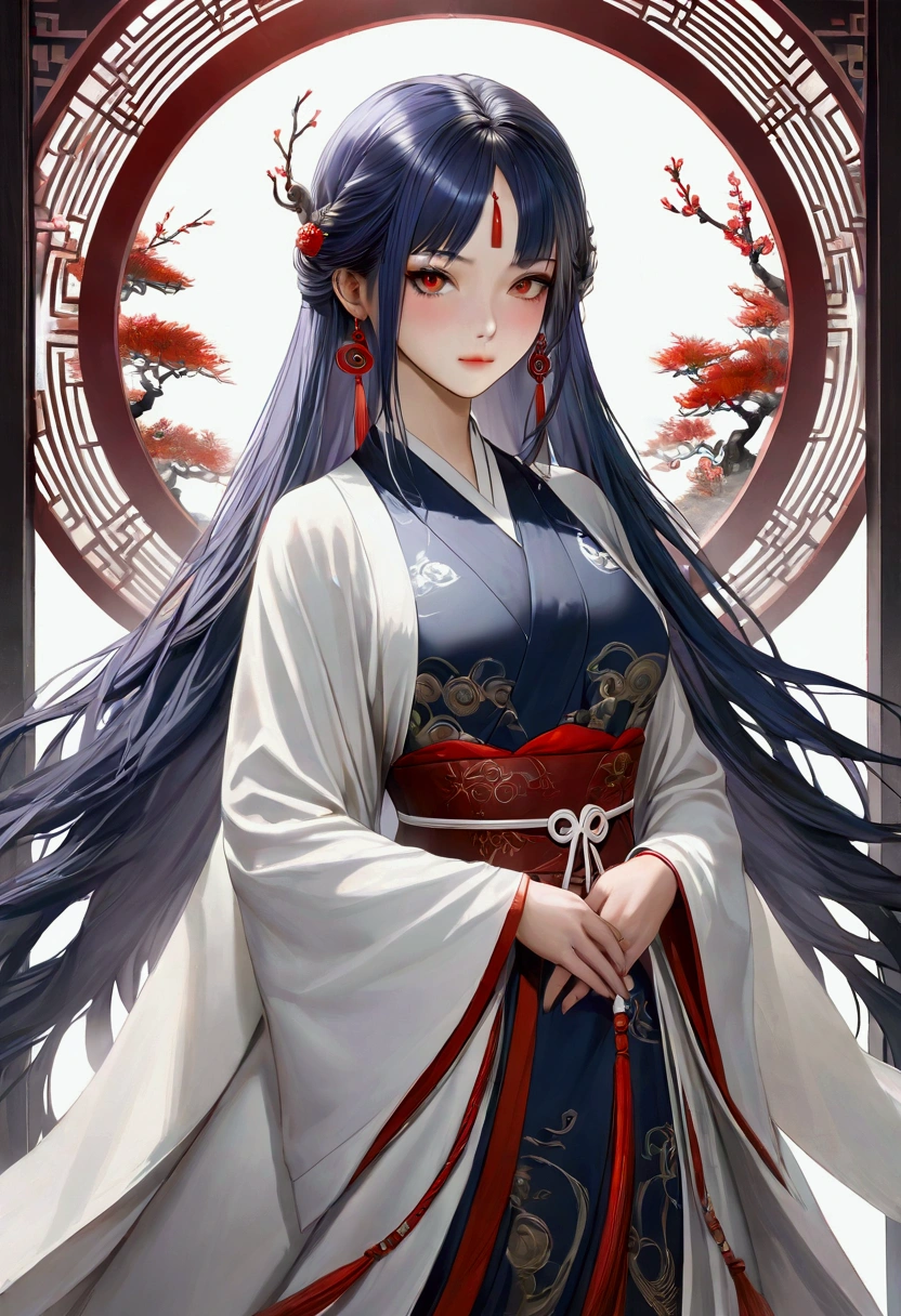 A girl with dark blue hair, red eyes, fair skin tone, slender and athletic built, ying yang robes, detailed hair, detailed body, aesthetic, best quality, 8k, realistic