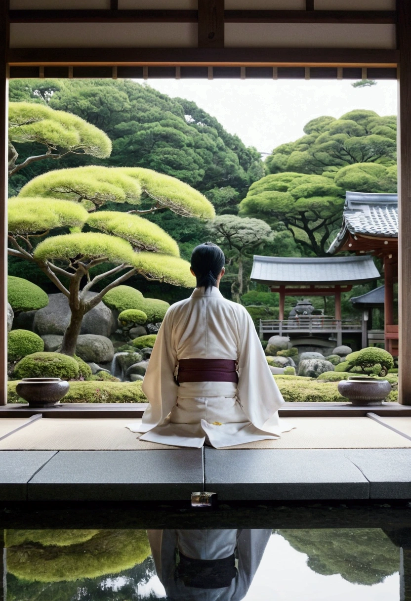 Shinto、Priest、shrine、Japanese-style garden、A view of the garden from the veranda、White kimono、Long-haired men、A Japanese garden with a long view、Black hair sitting cross-legged、Pool、flower