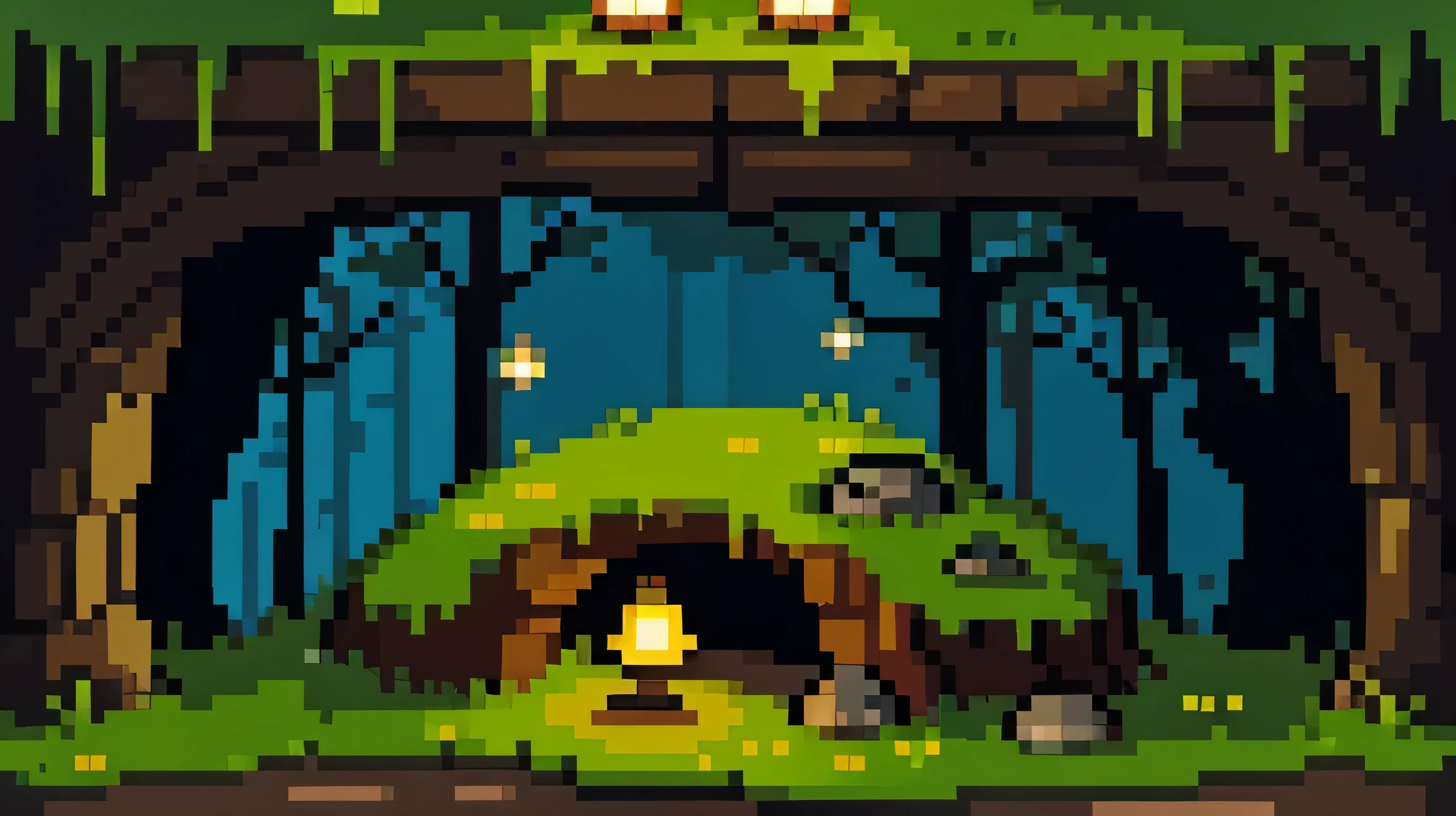 Big cave, player holding lamp, fireflies in cave, moss growing in cave pixel art,pixel perfect