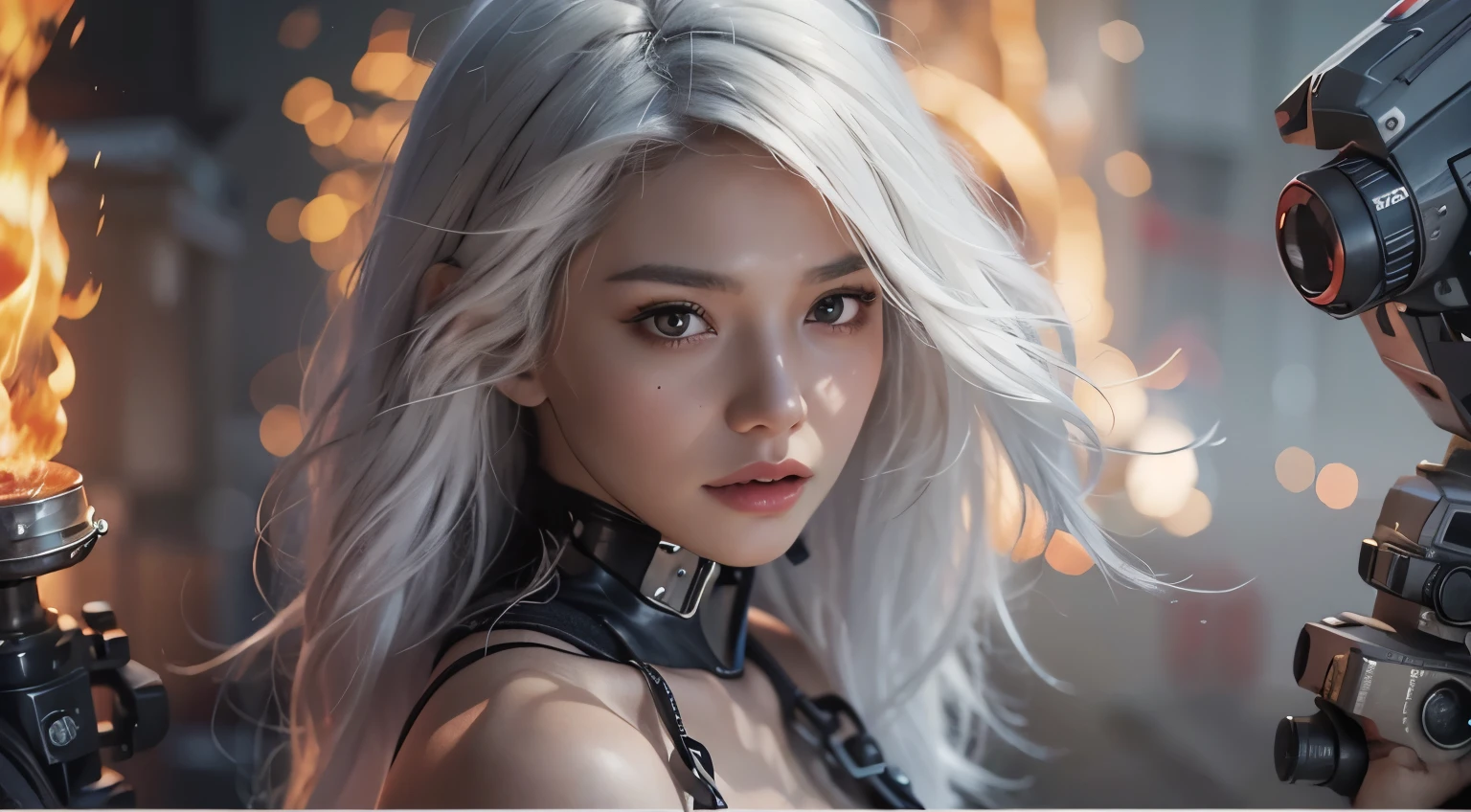((realistic, best quality, masterpiece: 1.3)), beautiful woman, gray hair, long hair, sexy leader costume, erotic, movie poster, cinematic perspective, face the viewer, human robot mask, hell, fire, fire꽃, performance, upper body, dark, revelation,