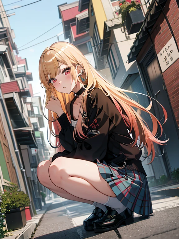 Low Angle Shot, テニスウエア, Kitagawa Marine, 1girl, blonde hair, long hair, multicolored hair, red eyes, jewelry, earrings, piercing, black choker, skirt lift, panty shot, Squatting, blush, lure, Alley