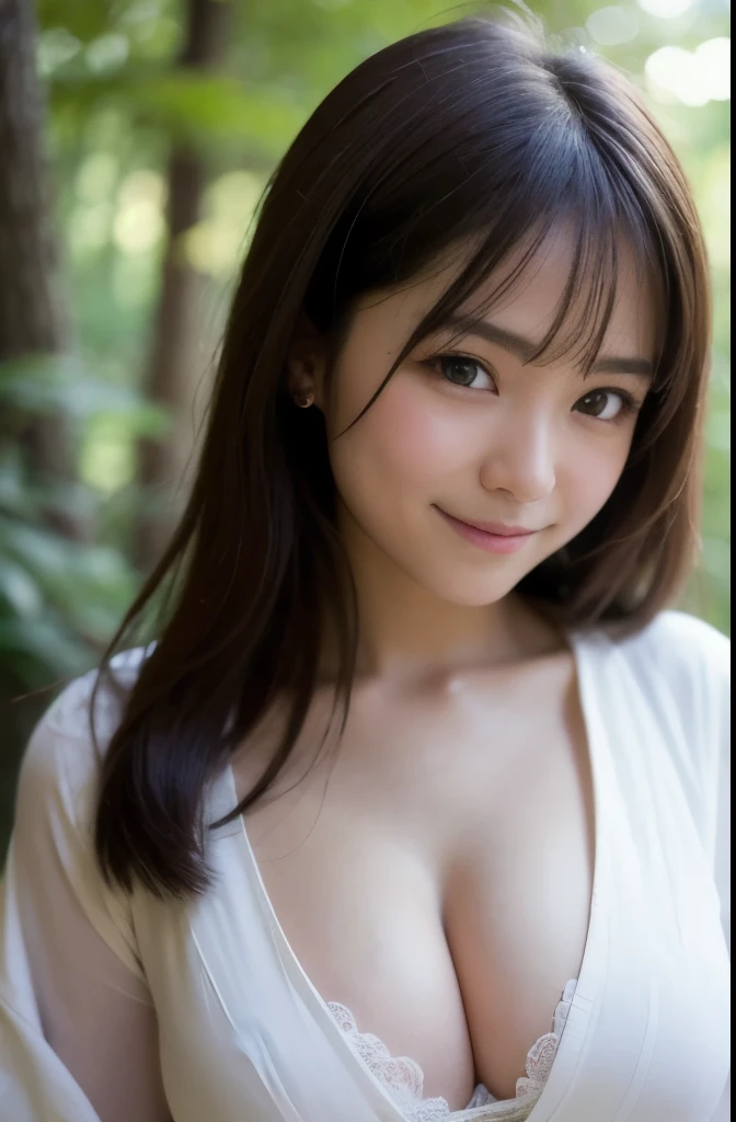 best quality, face focus, soft light, ultra high res, (photorealistic:1.4), RAW photo,(Shinozaki Ai),
1japanese girl, solo, cute, kawaii, smile, (pupil, lights in the eyes),  detailed beautiful face, (busty),(high resolution detail of human skin texture),(long hair),(portrait), chest up, white traditional kimono, in the forest,