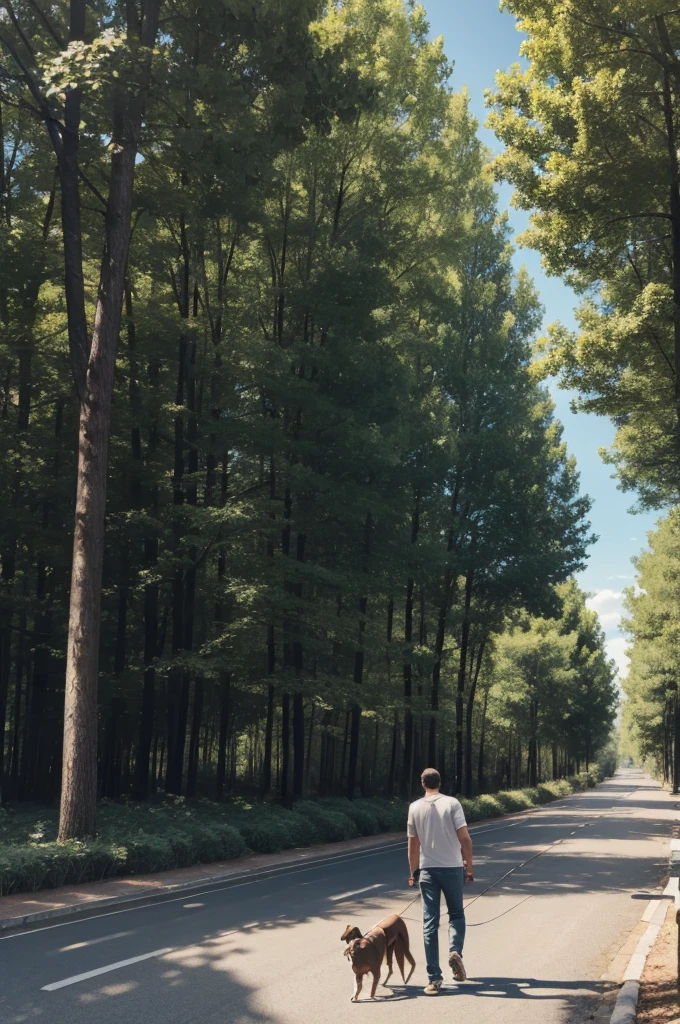 drawing of a man walking his dog along an asphalt road among trees in nice weather