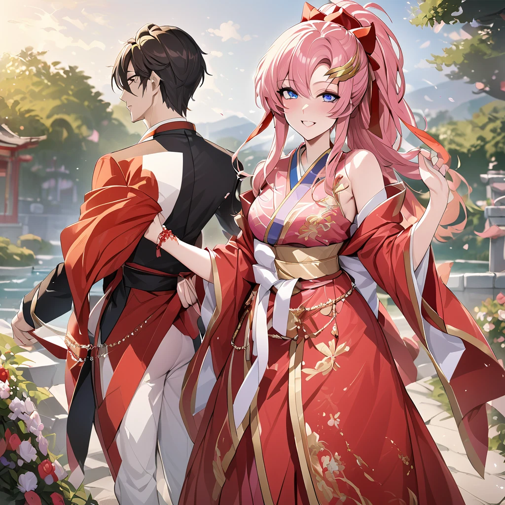 ((Highest quality)), ((masterpiece)), (detailed), （Perfect Face）、The woman is Lacus Clyne, with blue eyes and semi-long pink hair tied up in a ponytail. She is dressed in a gorgeous red wedding kimono with gold embroidery and trim, and is adorned with gorgeous accessories and an engagement ring.、The woman is having a grand wedding with a handsome and dignified middle-aged Chinese man.