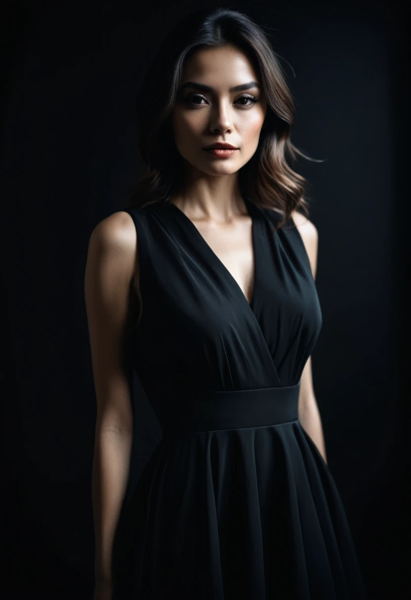 dark shot, film grain, A close up of a woman in a beautiful black dress and a black background, ultra clear, high quality