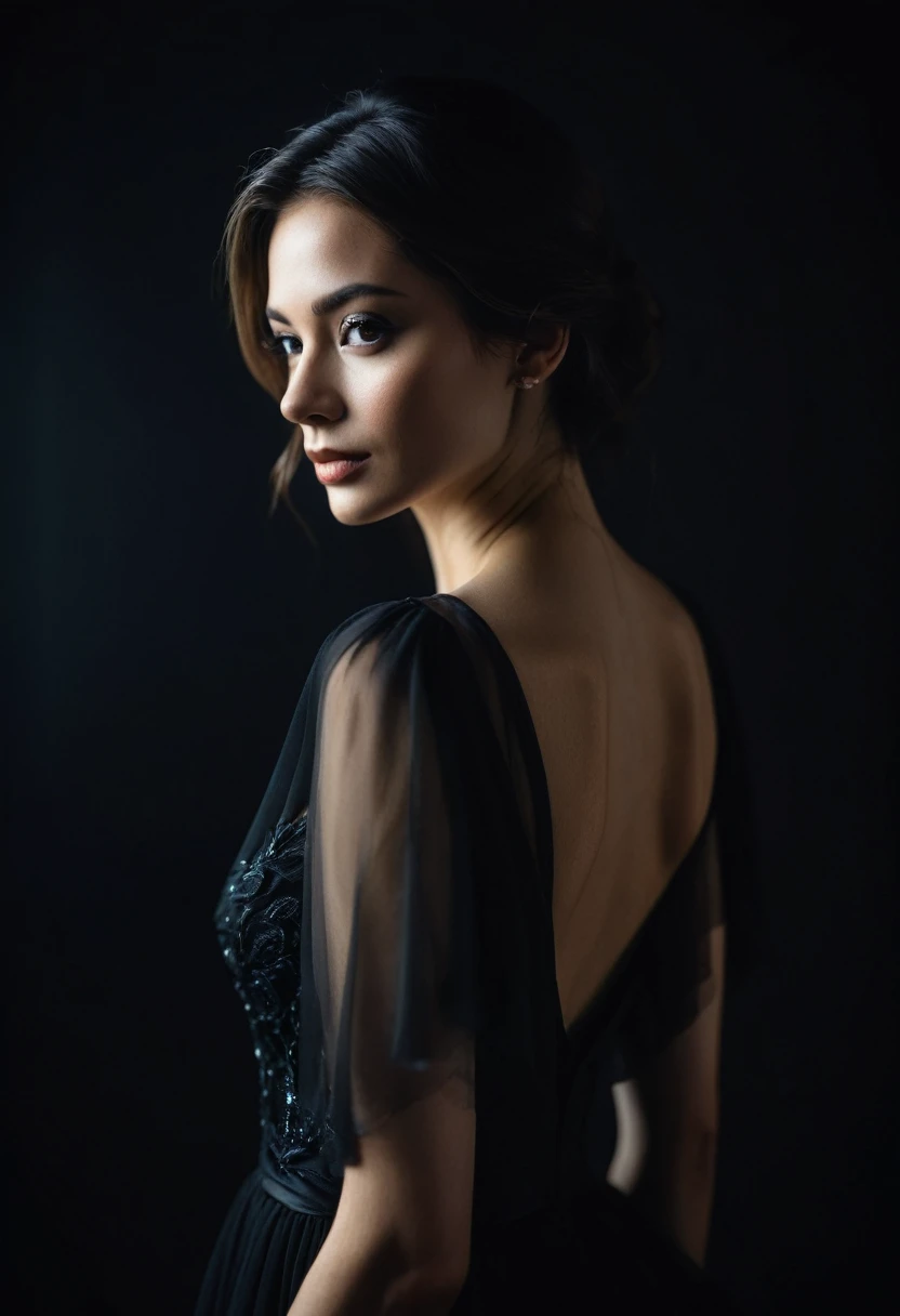 dark shot, film grain, A close up of a woman in a beautiful black dress and a black background, ultra clear, high quality