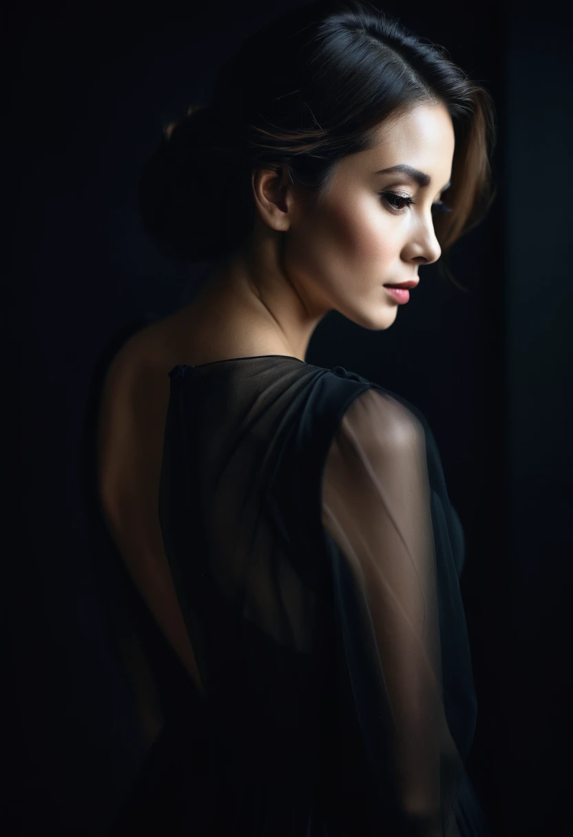 dark shot, film grain, A close up of a woman in a beautiful black dress and a black background, ultra clear