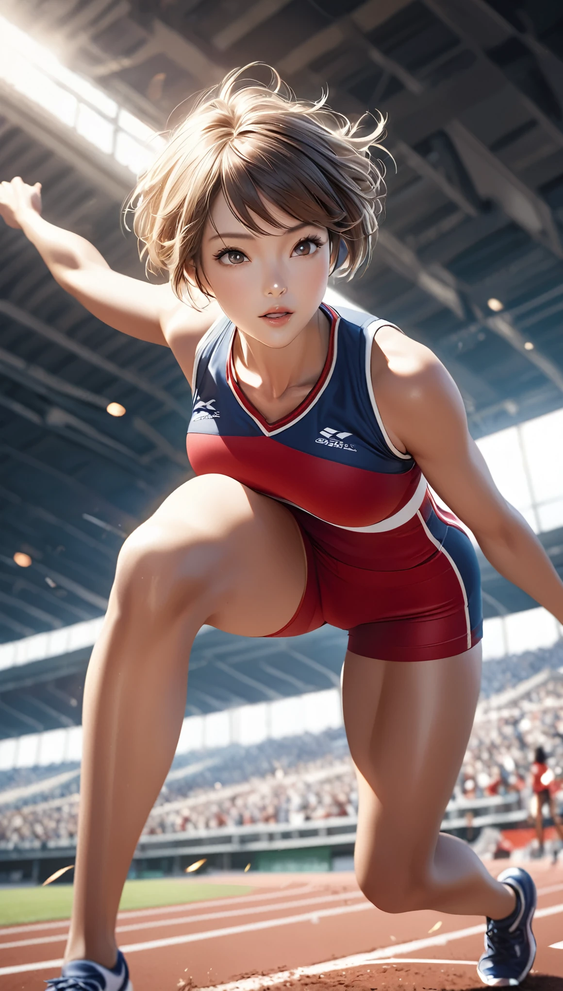 Highest quality, Realistic, photoRealistic, Award-winning photography, (Intricate details, Long Jump: 1.2), (Subtle details), (Intricate details), (Cinematic Light, Super sexy short hair woman, Long Jumpの選手, , huge bouncing chests, sexy long legs, dynamic sexy pose, Track and field uniforms, low angle shot, Long Jumpを真下から見上げる,Close-up),