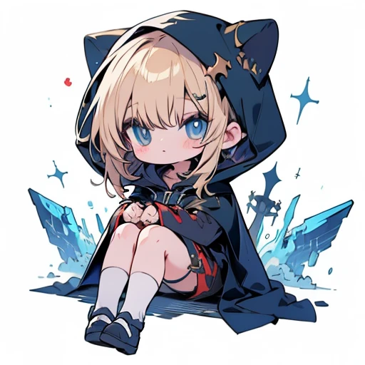 Chibi-chan wearing a black hooded cloak、The cape reaches down to the ankles、