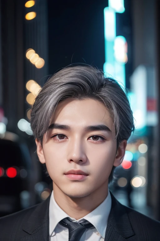 Young Man、Messy gray hair、Round face shape、Thick eyebrows、double eyelid、Silver Eyes、Slightly wide nose、Thin lips、Has a slight mustache above the mouth、Skin is slightly pale、Night city background、In the background, the lights of buildings glow dimly.、There is soft lighting、The man&#39;s expression is gentle、Smiling、White short-sleeved T-shirt、	There is a large black pocket in the center of the T-shirt.、She is carrying a black shoulder bag、Wearing black and grey pants、She has a black hair band-like thing on her left wrist.、Overall casual and simple style