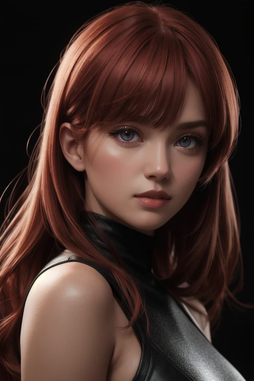 One girl, Star Eye, blush, Perfect lighting, Redhead, Red eyes, Unreal Engine, Side light, Detailed face, bangs, Light Skin, Simple Background, Dark Background, 