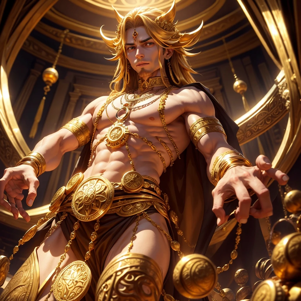 A four-armed genius, in a room full of gold coins, Jewelry & Precious Stones. He owns and distributes many possessions and wealth. Highly detailed and intricate