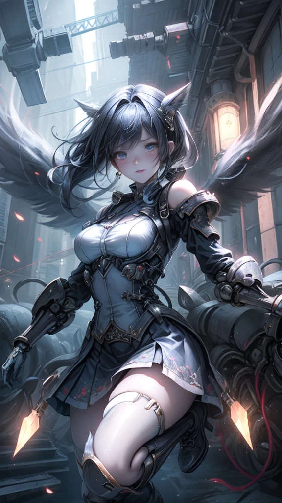 ((Highest quality)), ((Truly a masterpiece)), ((Ultra-detailed:1.4)), ((Ultra-Photorealistic 3D)), Android Magical Girl, Mechanical body, Dynamic action poses for battle scenes, Very complex and heavy fighter aircraft mechanical armament, Off-the-shoulder fashion that combines steampunk and gothic lolita with attention to detail, Intricate steampunk headgear, Very thin、Over-the-knee reggae mechanical boots、Fluttering lace flare mini skirt、 Beautiful small breasts directed upwards、Swaying in the Wind、Long, curly silver hair,、Countless large, shining spheres fly around、Lots of sparks cross and fly、Countless neon lights pouring down from the magical pose、Complex and precise mechanical Night City、Very dark background、Very dramatic and cinematic lighting、Big wings on the back８Growing in Sheets。
