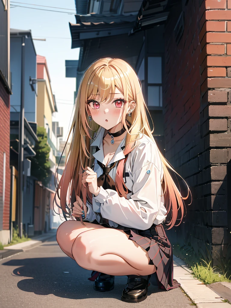 Low Angle Shot, テニスウエア, Kitagawa Marine, 1girl, blonde hair, long hair, multicolored hair, red eyes, jewelry, earrings, piercing, black choker, skirt lift, panty shot, Squatting, blush, lure, Alley