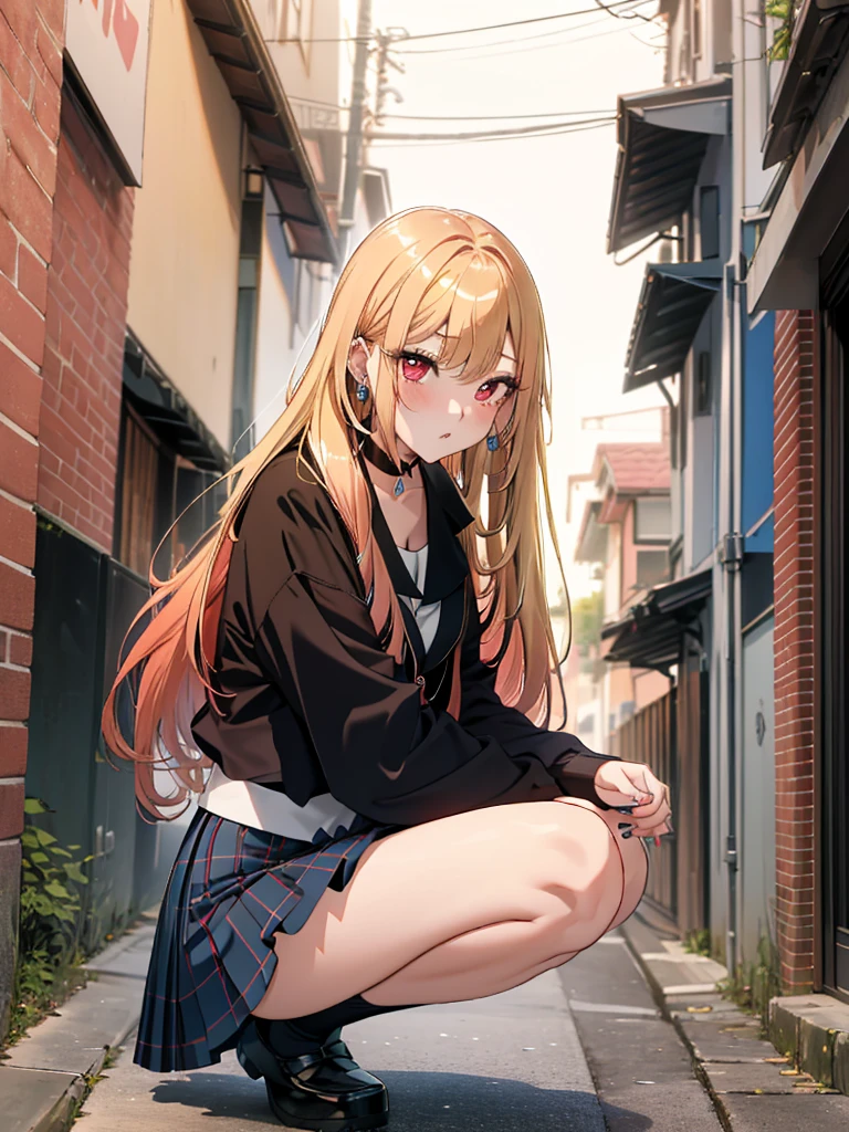 Low Angle Shot, テニスウエア, Kitagawa Marine, 1girl, blonde hair, long hair, multicolored hair, red eyes, jewelry, earrings, piercing, black choker, skirt lift, panty shot, Squatting, blush, lure, Alley