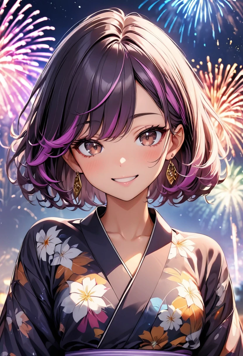 (highest quality:1.2, Very detailed, up to date, Vibrant, Ultra-high resolution, High Contrast, masterpiece:1.2, highest quality, Best aesthetics), Portraiture、girl、25-years-old, Bright colors、Beautiful fine details、Beautiful lip detail、long hair、black and purple ((streaked hair:1.6)), highlights hair: 1.5, brown eyes, ring earrings, ((slim body:1.2)), (small breast:0.7), (dark skin:0.5), (traditional yukata:1), floral pattern yukata, purple yukata, thick pink obi, smile, There is a galaxy in the dark night sky, (Splendid fireworks bloom in the dark night sky),(Masterpiece fireworks),(many Colorful fireworks explode in the sky), Fireworks large and small, upper body, look at viewer