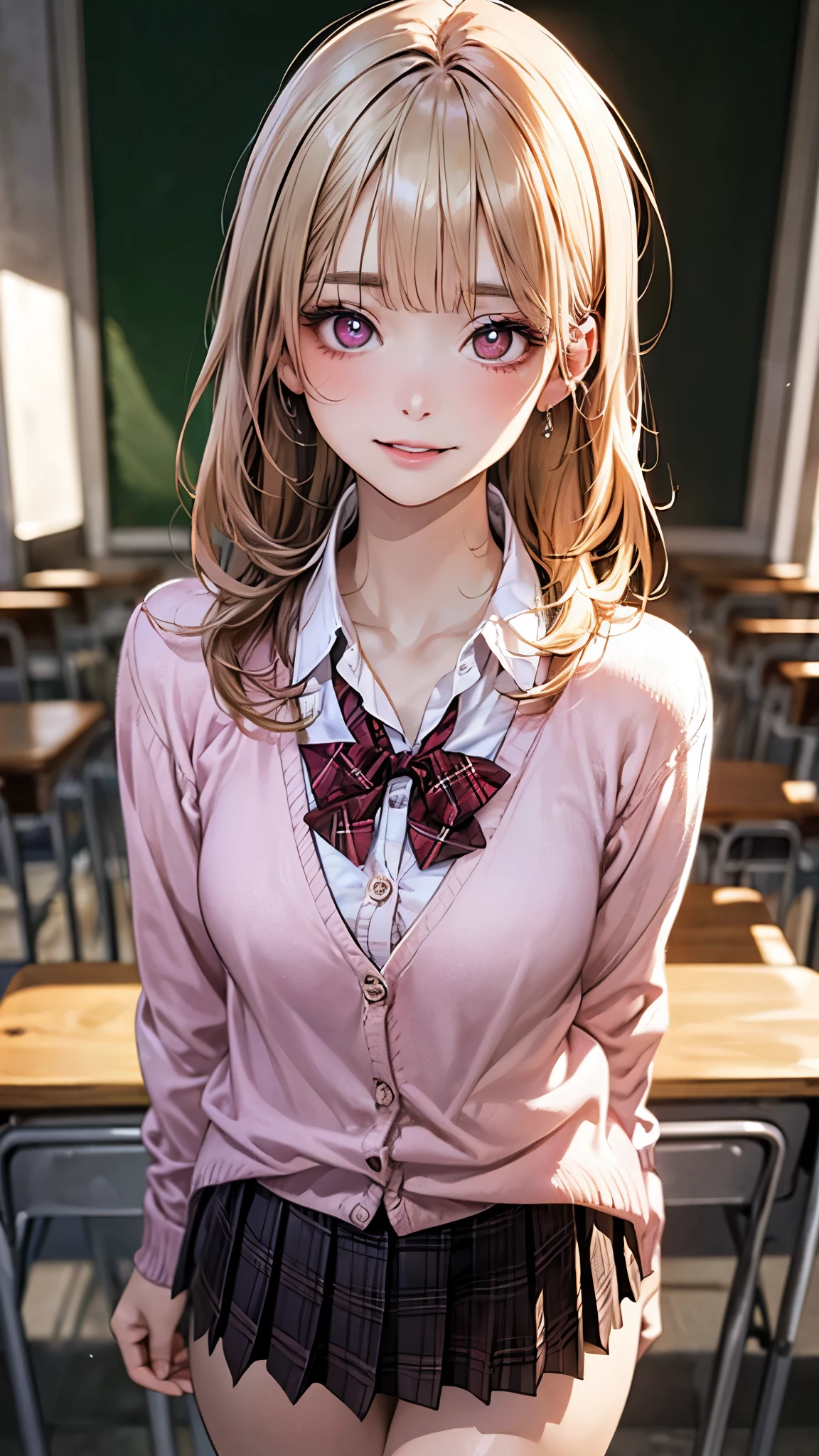 (masterpiece:1.2, top-quality), (realistic, photorealistic:1.4), beautiful illustration, (natural side lighting, movie lighting), depth of fields, nsfw, 
beautiful detailed hair, beautiful detailed face, beautiful detailed eyes, beautiful clavicle, beautiful body, beautiful chest, beautiful thigh, beautiful legs, 
looking at viewer, 1 girl, 12 years old, (perfect anatomy, anatomically correct, super detailed skin), cute and symmetrical face, perfect face, perfect eyes, 
(middle hair, straight hair, curvy hair, ash blonde hair), blunt bangs, break gold eyes, big eyes, long eye lasher, (medium breasts, seductive thighs), perfect body, shiny skin, pink skin, 
(detailed cloth texture, break white collared shirt, break (long sleeve pink knit cardigan), break dark brown pleated skirt, break dark red plaid bow tie), break 
(beautiful scenery), (school crassroom:1.2), standing, (lovely smile, parted lips),