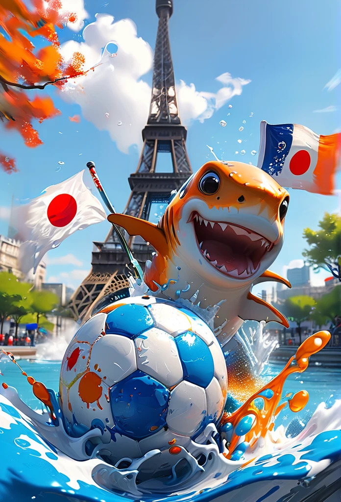Splash Art, Cute Shark(Game Characters、Big eyes、Jumping and heading a black and white soccer ball、Eiffel Tower in the background、Olympic Games、背景にJapanese flag), wonderfulインスタグラム, Art Station, Colorful paint splash style+, Very detailed、Exquisitely crafted down to the last detail, Engine Unreal, wonderful, Details Complexity, Splash screen, Complementary Color, Realistic concept art, 8k resolution, deviantart masterpiece, Oil, Thick brushwork, Paint dripping, Splash Art,Paris,Japanese flag