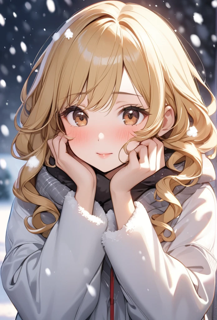 8k, Female model, long and curly blonde hair, Brown eyes, wear thick winter clothes, snowing background, smooth light, hands close to the face,  Cheeks red