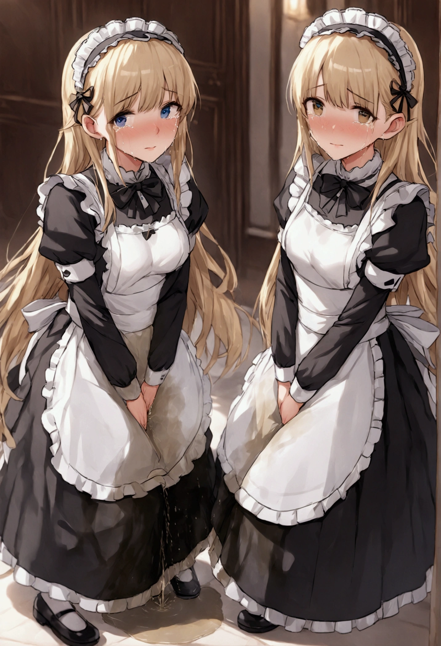 (masterpiece, Best quality, 8 K, Sharp Focus, depth of field, BEST SHADOWS, Perfect light, HDR, realistic skin texture, Ultra detailed Background, detail), anime style, harem. 2 girls. Maids.  long hair. beautiful eyes, Perfect eyes, expressive eyes, beautiful nose, perfect facial features, Ideal anatomical body. beautiful long legs. Maids uniform. medium breast, beautiful breasts. Girls cant stand straight. knees together, feet apart. They want to pee, they need to pee. They have a strong, desperate to pee They keep their hands on the crotch. They squeeze their crotches tightly. They rub their crotches. . They pee for themselves. They pee in panties. They piss on the floor. 2 girls peed while standing. Redness, Embarrassment. Offensively, There are tears in my eyes. Theyre crying. full length, in the whole body. Hall of the mansion.