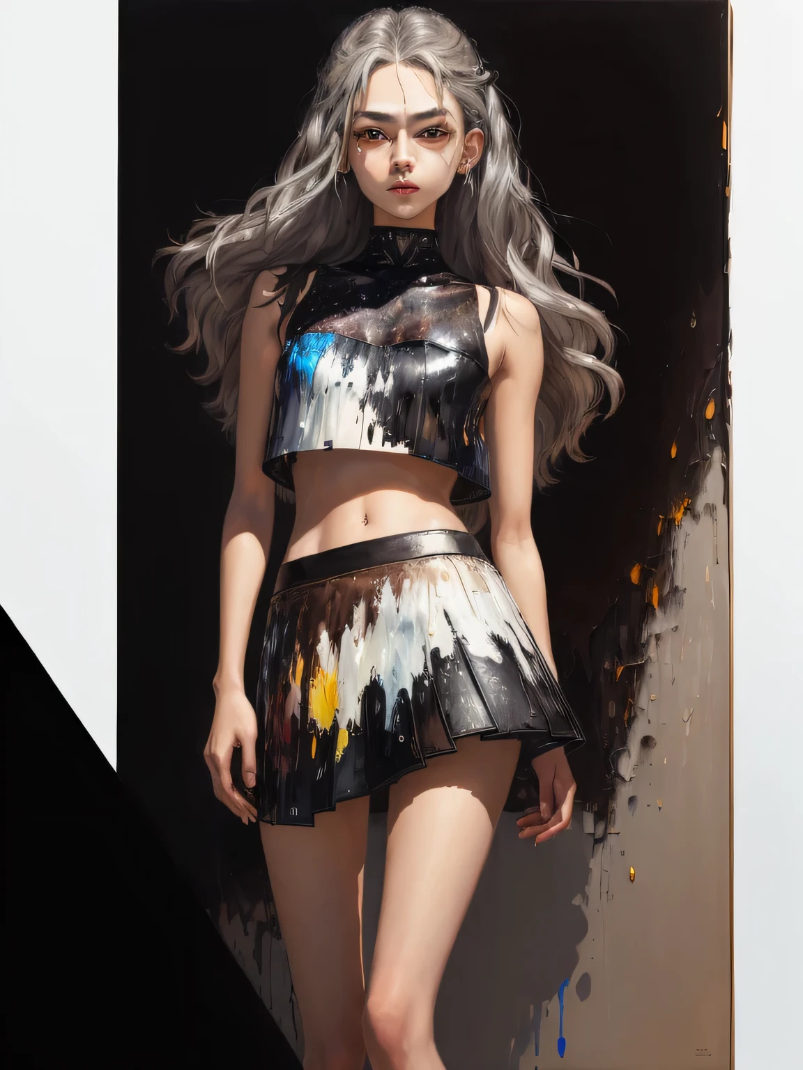 ムラムラする女の子、(dark brown eyes:1.2),1 girl、long legs,Silver Hair、Dark brown eyes、Shining Eyes、Crop top、mini skirt、Parted lips、1woman wearing trendy clothes, in an abstract oil painting style, fashion show, The painting is ultra-high detailed and has a resolution of 8k, showcasing the best quality,creating a mysterious atmosphere , luminous design, vivit colours,spring lights,Artistic,azure, red, (Bare legs:1.1), (black high heels), black short skirt