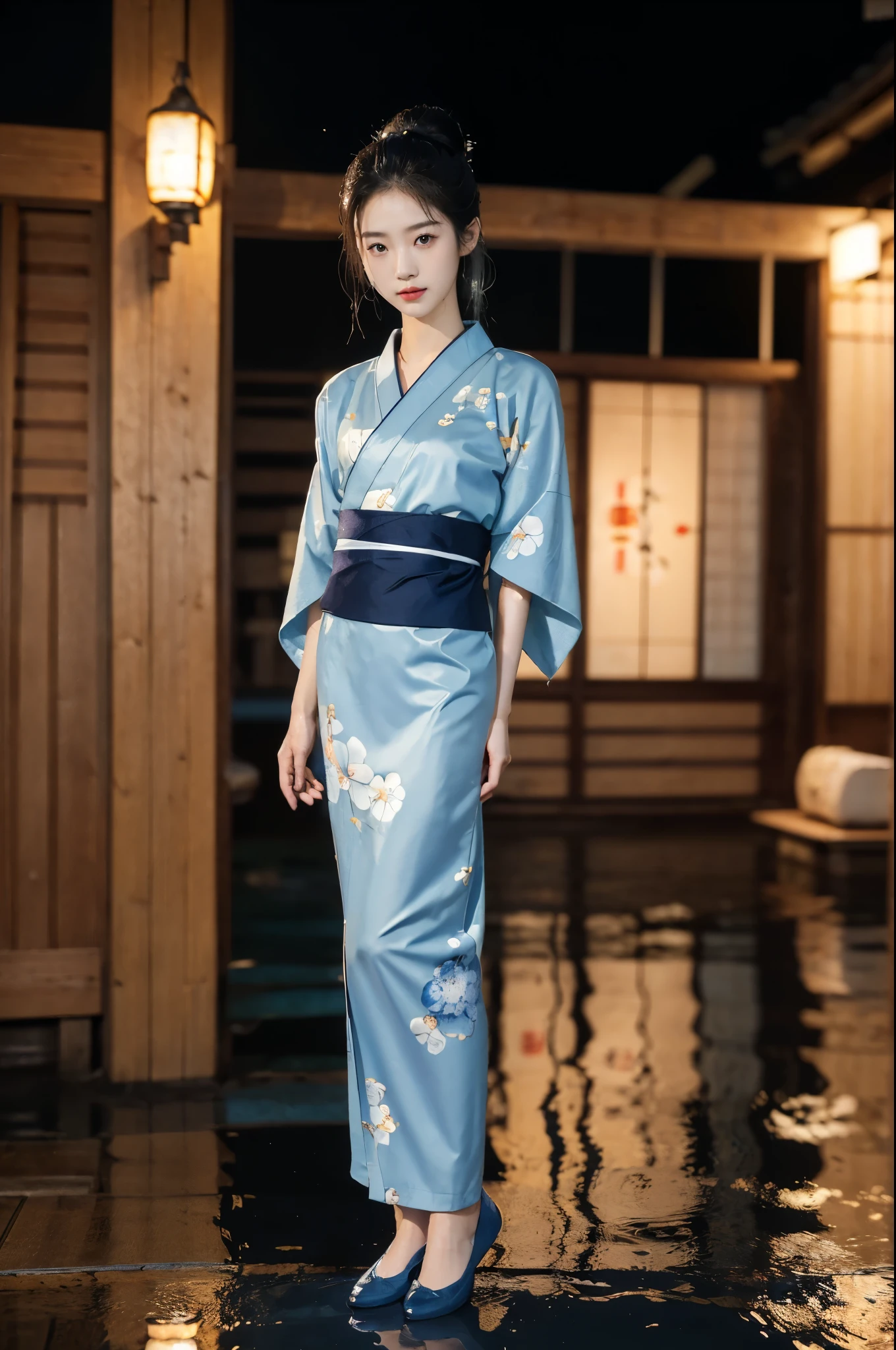 (((best quality))),(((ultra detailed))),(((masterpiece))),illustration,((1 beautiful Japannese girl,solo)),(neat bun:1.2),((slim,thin)),((small breasts,flat chest)),(in izakaya:1.3),(summer:1.2),(rainy:1.3),(indoor:1.2),(night scene:1.3),(wet:1.3),(collar:1.2),(blue floral kimono:1.3),porcelain skin,(slender legs:1.2),(loafers:1.2),rouge,dimly lit,warm glow,ethereal,(standing:1.3),(arms behind back:1.5),sake bottle,half-empty glass,tray,grilled fish,steamed vegetables,half-eaten,melancholic smile,storm,solitude,enigmatic aura,tranquility,chaos,simplicity,mysterious,captivating,((from front,full body))