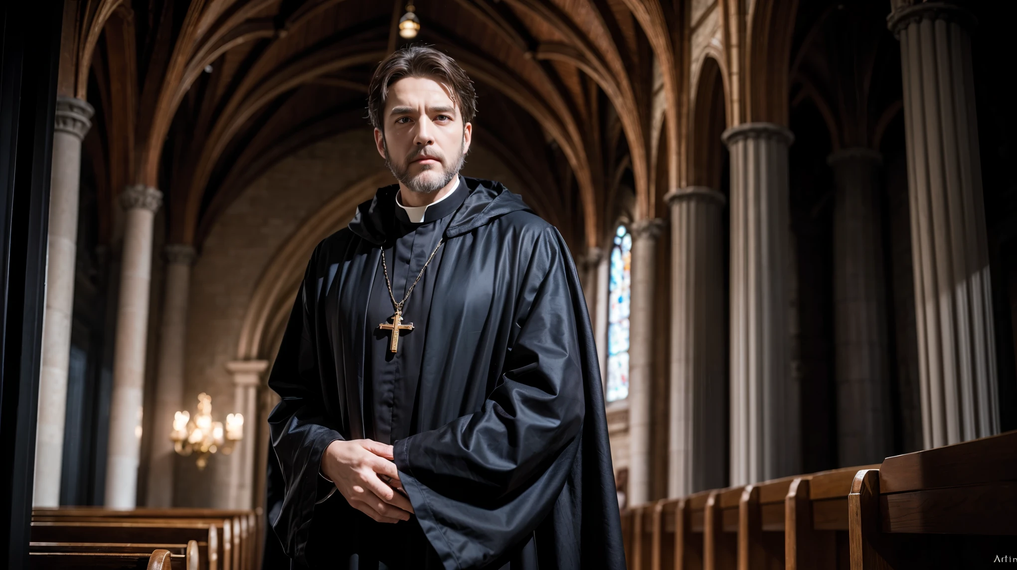 Male priest, Martin Luther, Black Robe, older, Handsome gentleman, beard, Brown Hair, Cross Necklace, religion, Church in the background, Dramatic lighting, Movie angle, Ultra-high resolution, masterpiece, Very detailed