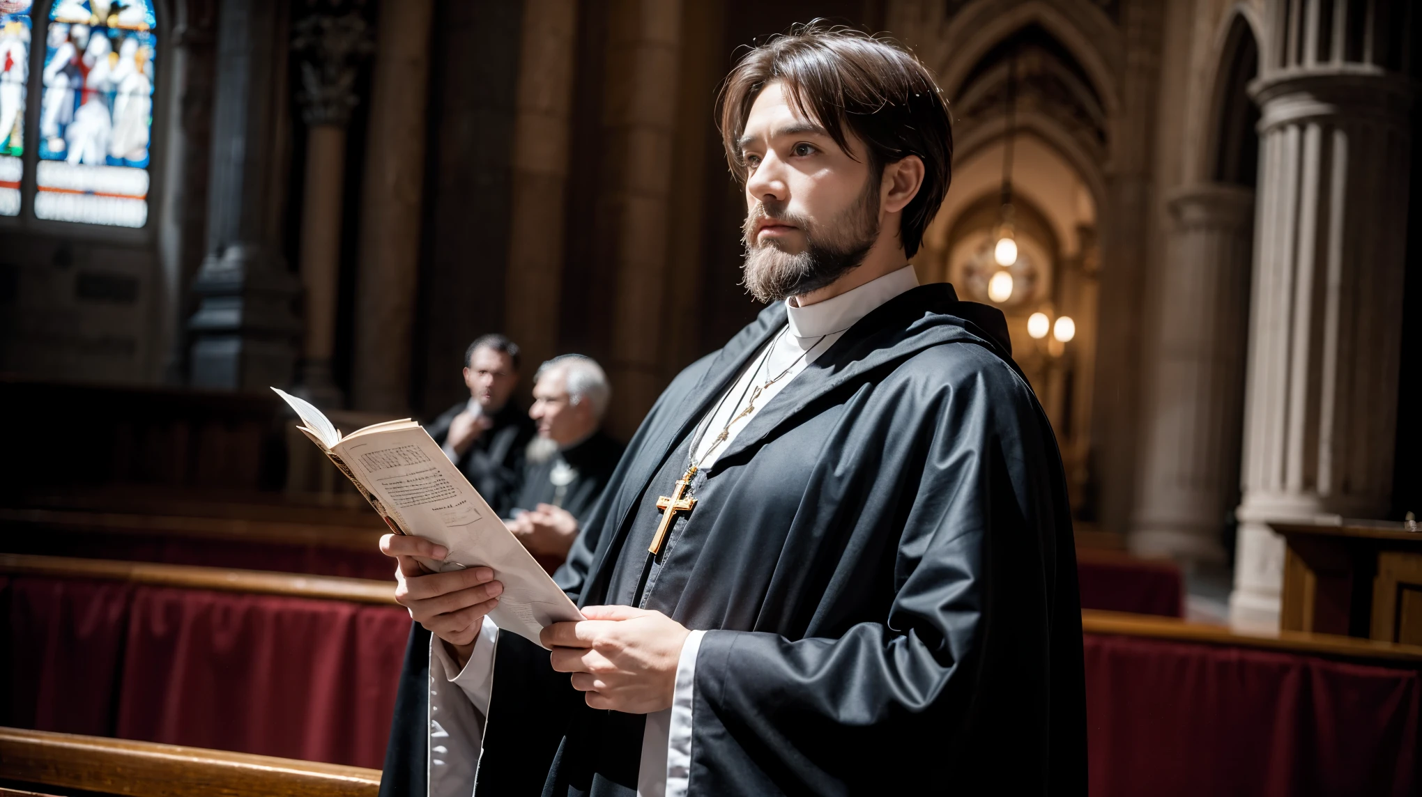 Male priest, Martin Luther, Black Robe, older, Handsome gentleman, beard, Brown Hair, Cross Necklace, religion, Church in the background, Dramatic lighting, Movie angle, Ultra-high resolution, masterpiece, Very detailed