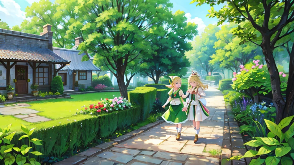 Cute Elf、Blonde、garden、stroll、smile、looks fun